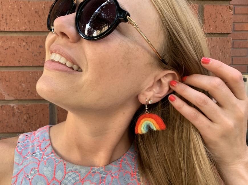Girl Wearing Needle Felted Rainbow Earrings